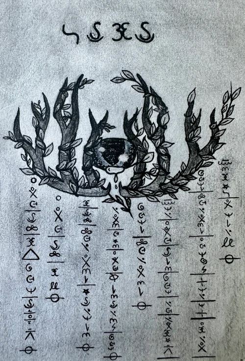 Bleistiftzeichnung eines Geweihs mit einem Auge in der Mitte, umgeben von geheimnisvoller Schrift und Symbolen