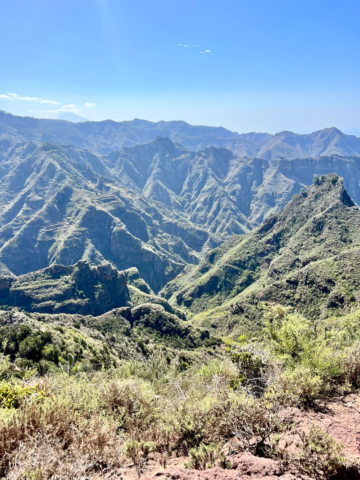 Tiefgrüne, zerklüftete Berge erstrecken sich unter blauem Himmel bis zum Horizont