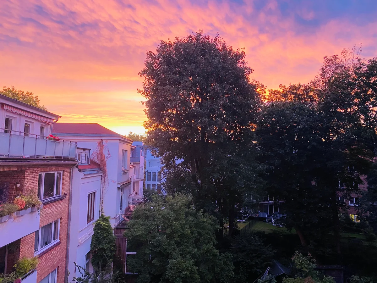 Ein dramatisches orangefarbenes Abendrot über Altbauhäusern und großen Bäumen