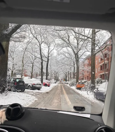 Blick aus einem Auto auf eine verschneite Hamburger Allee mit alten Bäumen und Backsteinhäusern
