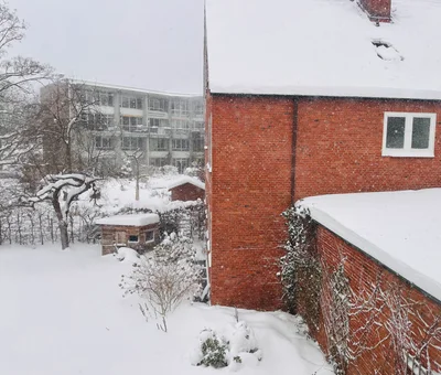 Dichter Schneefall auf Backsteinhäuser und Gärten, von oben betrachtet