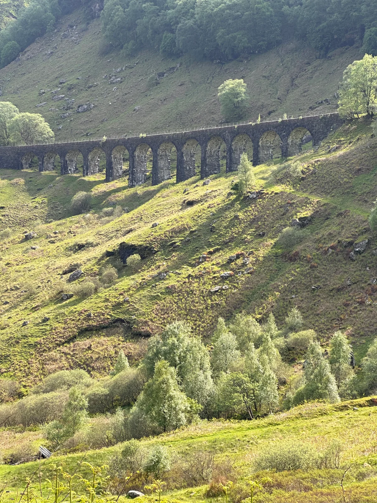 Ein altes Steinviadukt in den schottischen Highlands, eingebettet in grüne Hügel
